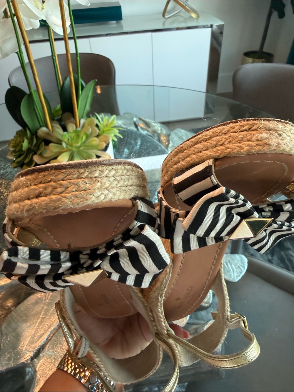 kate spade Black & White Striped Bow Espadrille Wedge Sandals with Gold Studs - Picture 6 of 7
